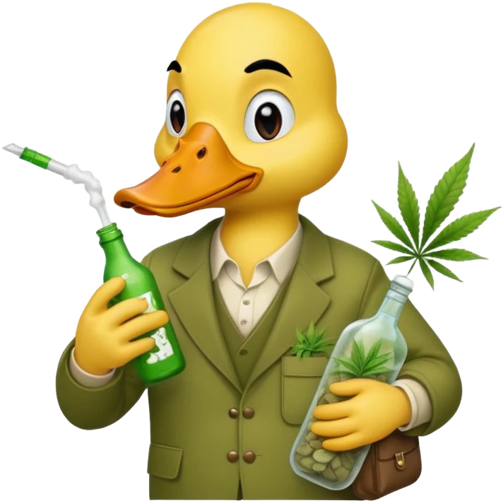 Drunk and high duck animal holding weed bottle and a bag of weed. Looking sloshed emoji