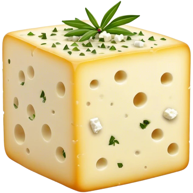 Cinematic Realistic Feta Cheese Dish Emoji, depicted as a block of crumbly, tangy cheese garnished with olive oil and herbs rendered with lifelike detail and soft natural lighting. emoji
