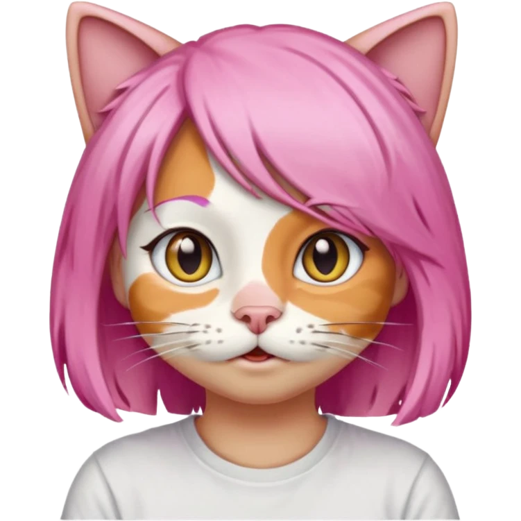 calico cat wear pink hair wig, white T-shirt emoji