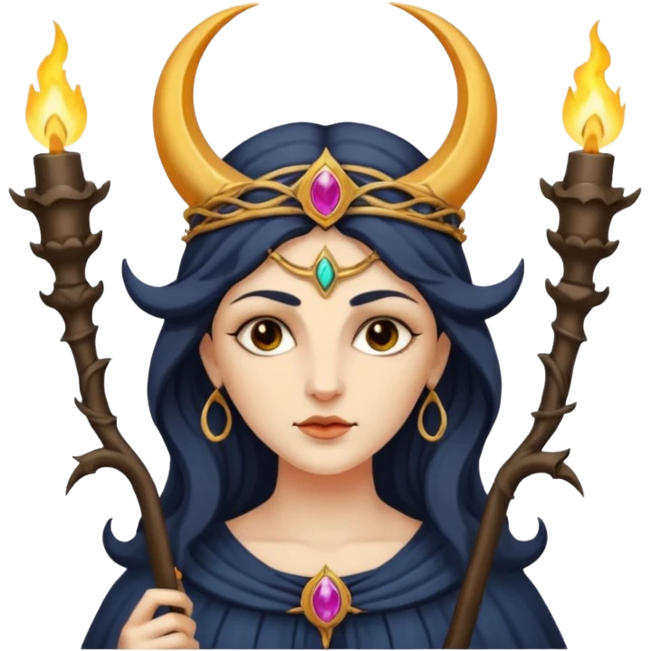 The goddess Hecate with 3 heads holding two torches the front head with a crescent moon on forehead emoji