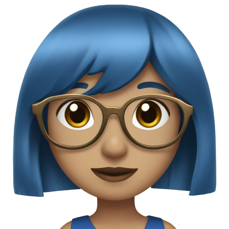 A girl with white glasses, a blue dress, a bronze dress, and a fringe, and blue and black hair emoji
