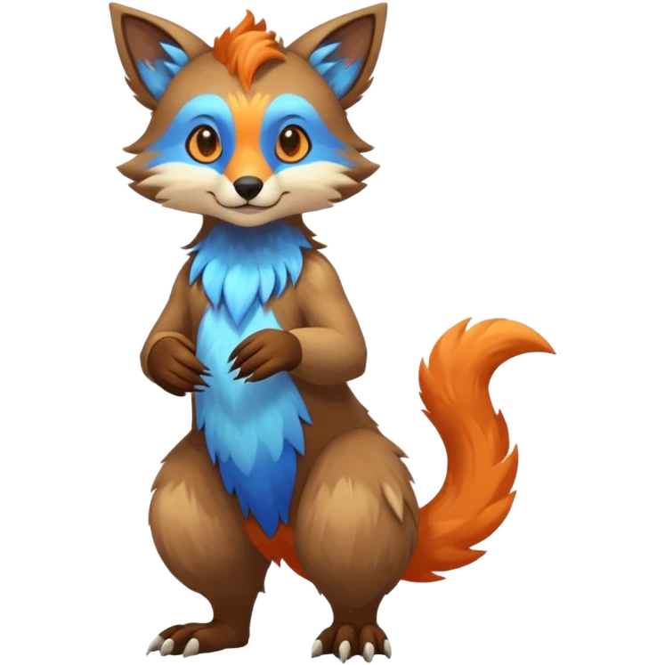 Colorful brown with blue and orange tropical exotic shiny beautiful fantasy-Vernid-Cacomistle-animal-Fakémon-hybrid-fursona (full body) emoji