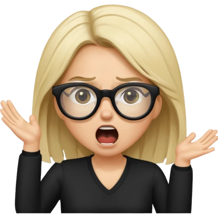 Young woman, wearing black clothes, brunette/blonde with loose hair, wearing white glasses, shouting bad words emoji