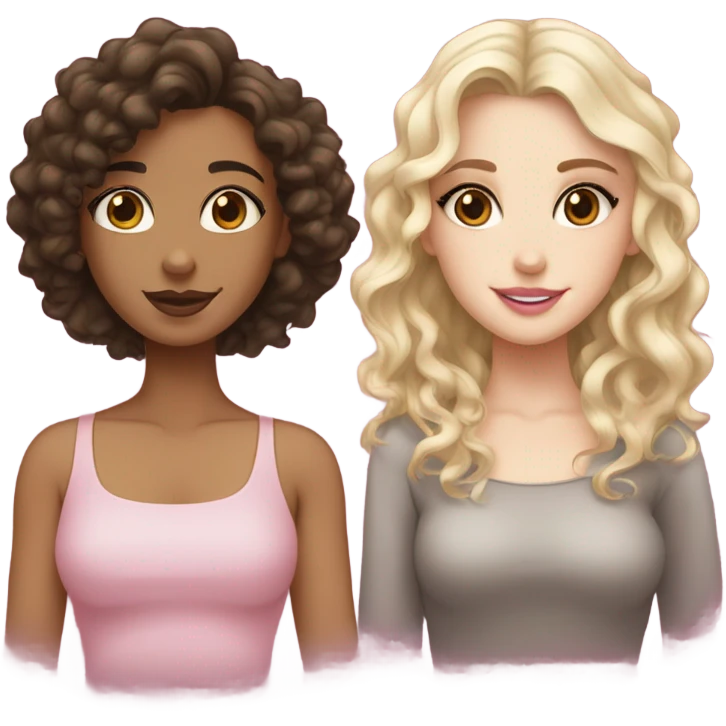 Two separate emojis, one a beige girl with wavy brunette hair and brown eyes, one a curly black brownish haired girl with pale skin and long lashes alongside big brown eyes and pink lips emoji