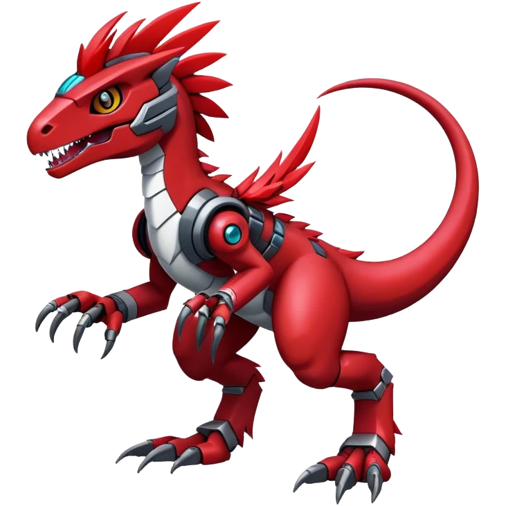 Dark-red Furry feather-mane Cool Edgy Futuristic shiny colorful Digimon-Fakemon-Guilmon-Velociraptor-Mecha full body   emoji