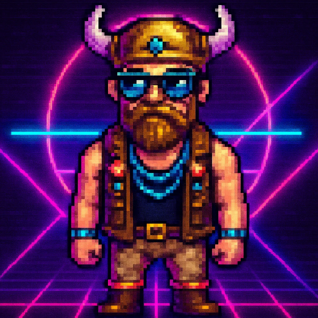 Add a neon background to the Techno Viking with sunglasses in pixel art style. Keep the pixel art style look and feel. emoji