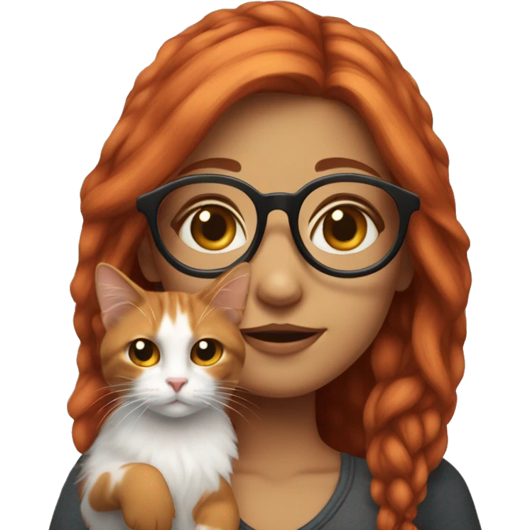 White Red head girl with glasses holding long-haired calico cat emoji