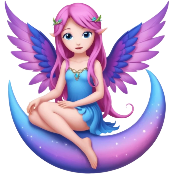 Beautiful, flower, fairy, pink, blue, purple, long hair, big wings with blue eyes sitting on a half moon emoji