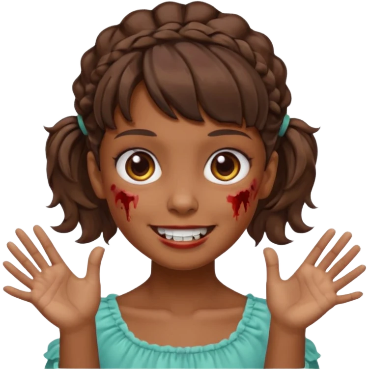 Cabelo ondulado  um pouco cheio e franja curta  Olhos marrons e pequenos e feita d ezumbi mais bonita com cabelo amarro na e com as mãos assim tipo assim🧟‍♀️ emoji