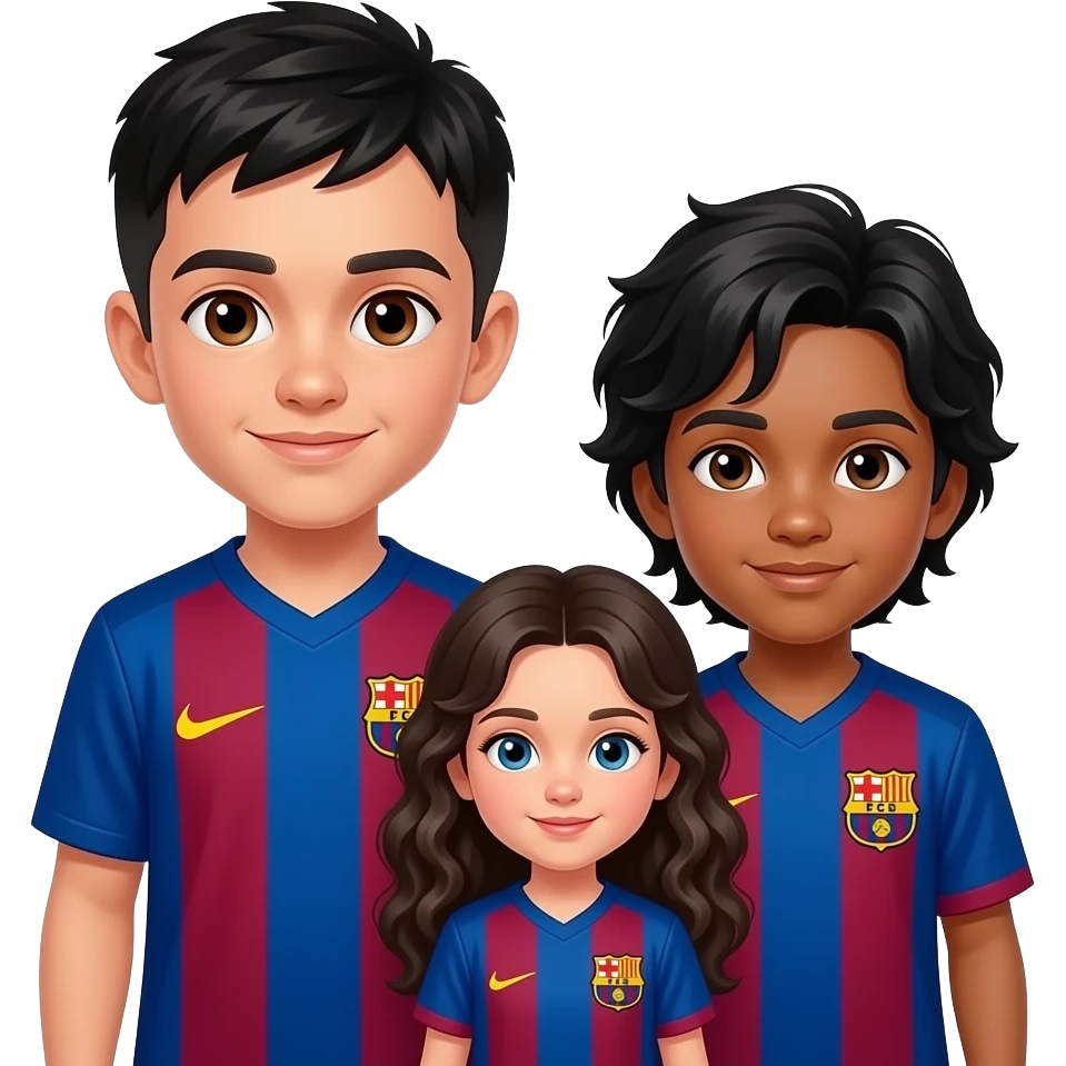 3 enfants, un premier garçon le plus grand les cheveux noirs courts les yeux marrons et un maillot du FC Barcelone, un 2ème garçon un peu plus petit cheveux noirs mi longs les yeux marrons et un maillot du FC Barcelone, enfin une fille plus petite encore cheveux bouclés longs noirs yeux bleus emoji
