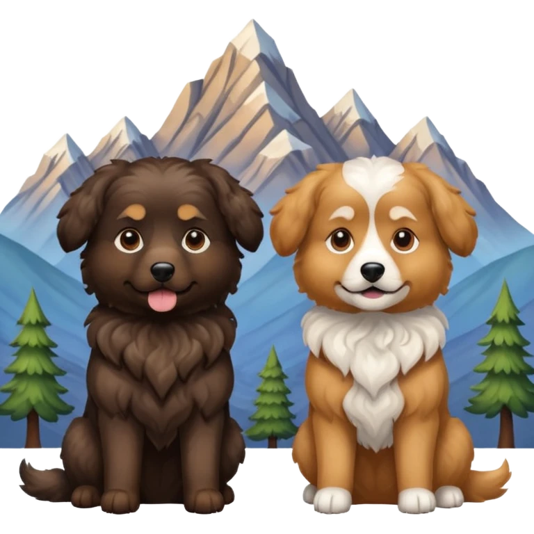 two dogs with wavy hair, one black and one brown with mountains emoji