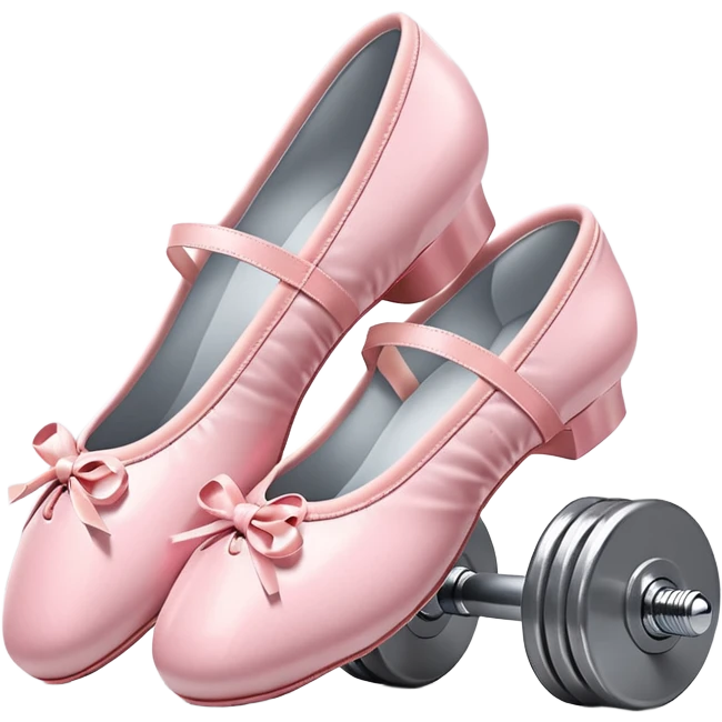 A high-quality 3D icon of pink ballet shoes next to a grey dumbbell. Soft studio lighting, cute and glossy texture. emoji