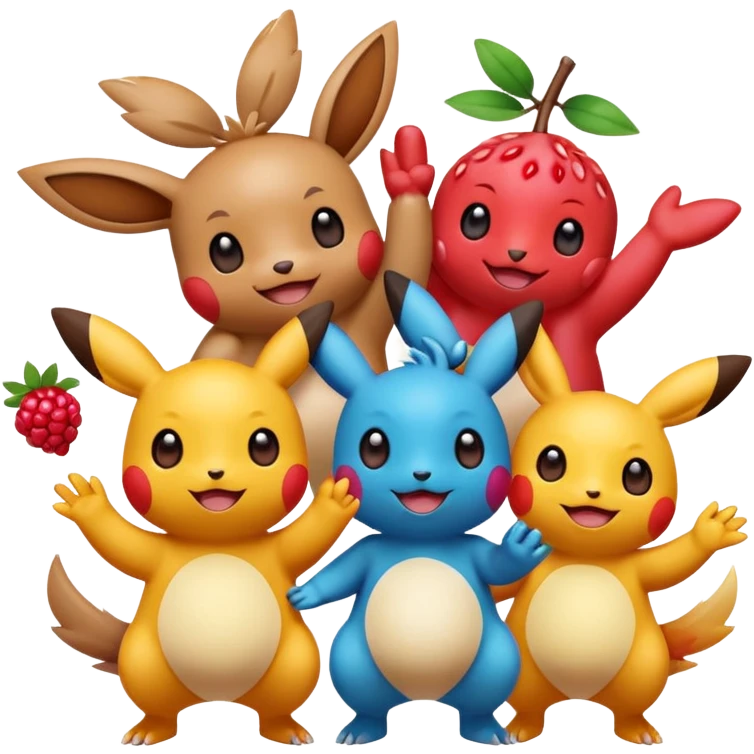 Three Pokémon characters showing kindness and teamwork. One Pokémon is handing a berry to another, while the third Pokémon is cheering and clapping happily. They look joyful and friendly, standing close together in a bright, colorful cartoon scene. The style is cute, playful, and emoji-like. emoji