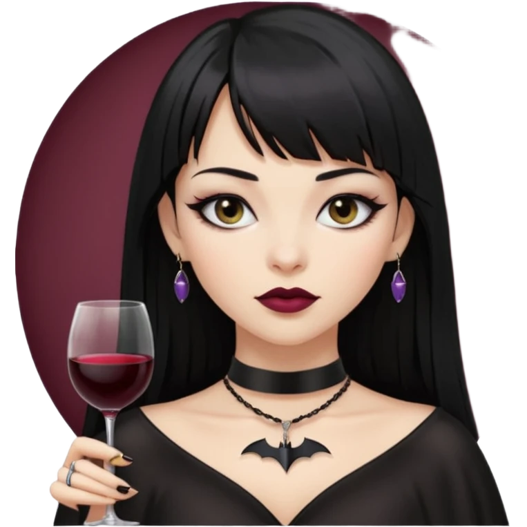 mulher cabelos pretos longos e lisos com uma franja curta acima dos olhos, olhos pretos com delineado, expressão séria, com um sorriso sensual e lábios cor de vinho, ela usa uma gargantilha preta com um pequeno pingente de morcego preto emoji