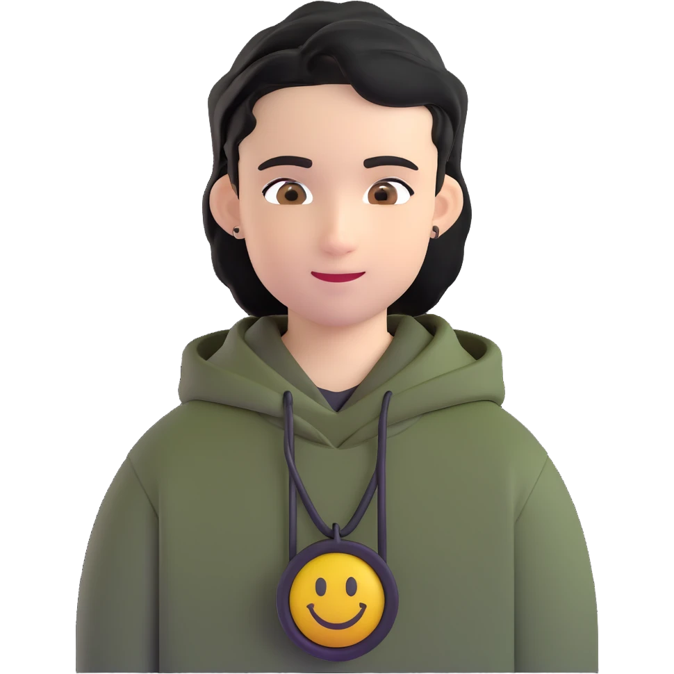 boy with military cut black hair, brown eyes, wearing 2 circle earrings and a black hoodie with a smiley face emoji