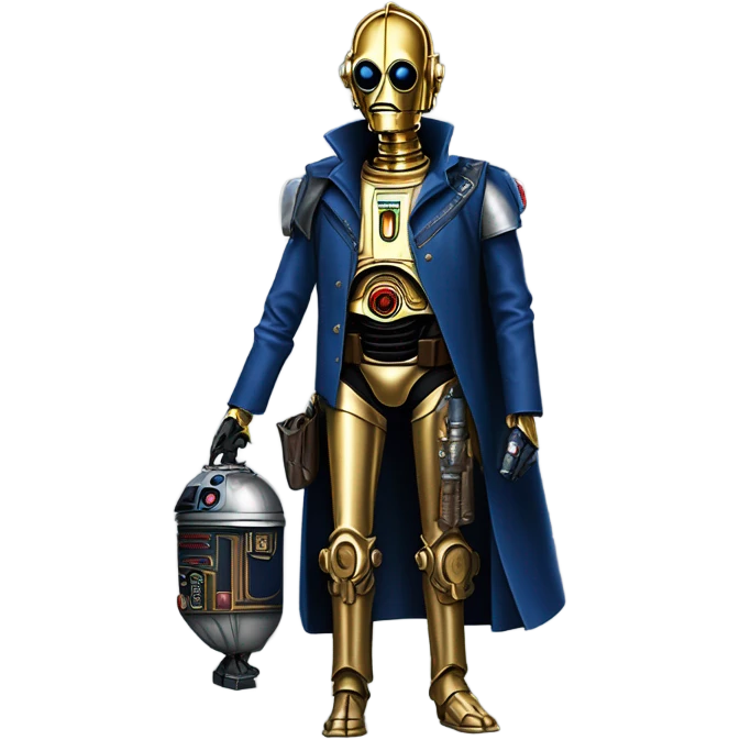 human-sized darkblue-pearl friendly bounty hunter c3po droid wearing leather wild west duster, backpack, saddlebags holding light saber ready to fight but relaxed. antique emoji