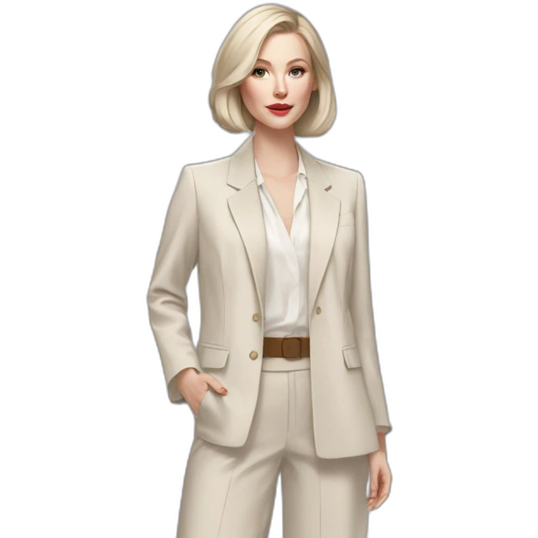 pale skin woman with ash blonde Straightened bob Hair, White Spacious classical jacket, beige palazzo Arrow pants and gray blouse holding a color palette in the hands emoji