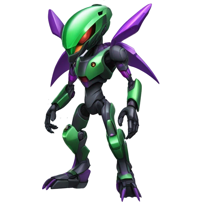 a shiny black-green-purple Genesect-Raptor-Fakémon-Medabot-hybrid with a futuristic visor-helmet full body emoji
