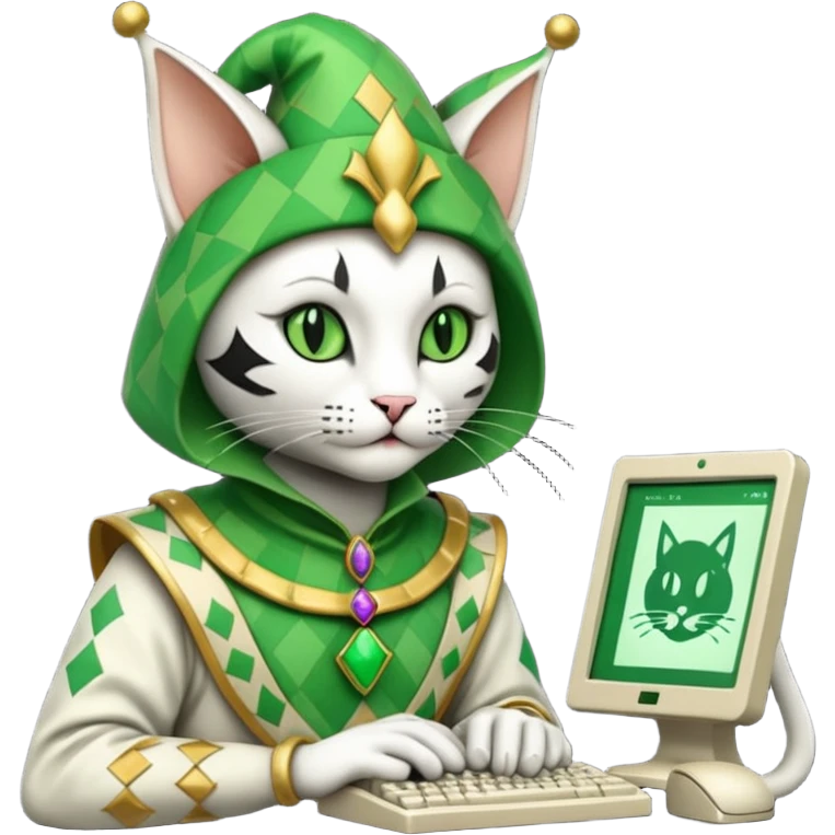 mac os icon code computer retro terminal, black, green white, fantasy court jester cat draw as ASCII GREEN code inside the terminal emoji