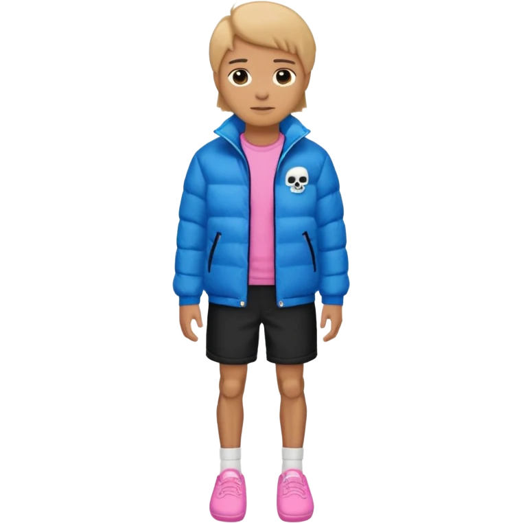 A skeleton with a white shirt blue puffer black shorts and pink slippers emoji