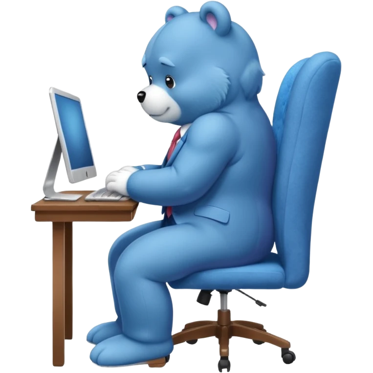 Care bear sad in suit back view, sit on a chair, working on a computer, with a big desk emoji