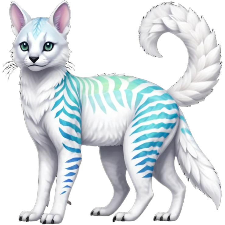 Realistic Colorful tropical tribal pale light white glorious iridescent exotic albino neon vibrant zigzagged fantasy-caracal-civet-genet-sergal-vernid-Gryphon-Cacomistle-Trico-oncilla-animal-Fakémon-hybrid-fursona (full body), facial markings, (realism style) emoji