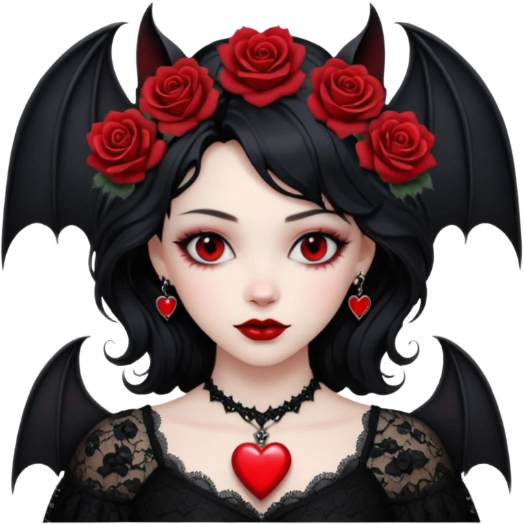 red gothic heart with black lace, roses, and a bat, dark romance emoji