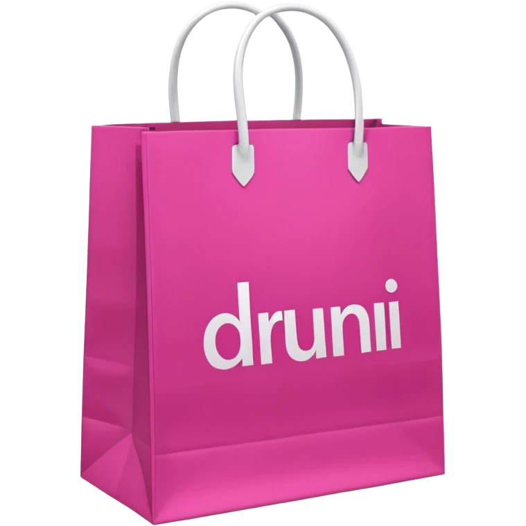 Fuchsia pink paper bag with white handles, repeating 'DRUNI' pattern in light pink and a large vertical 'DRUNI' in bold white letters in the center, iOS emoji style, shiny and realistic. emoji