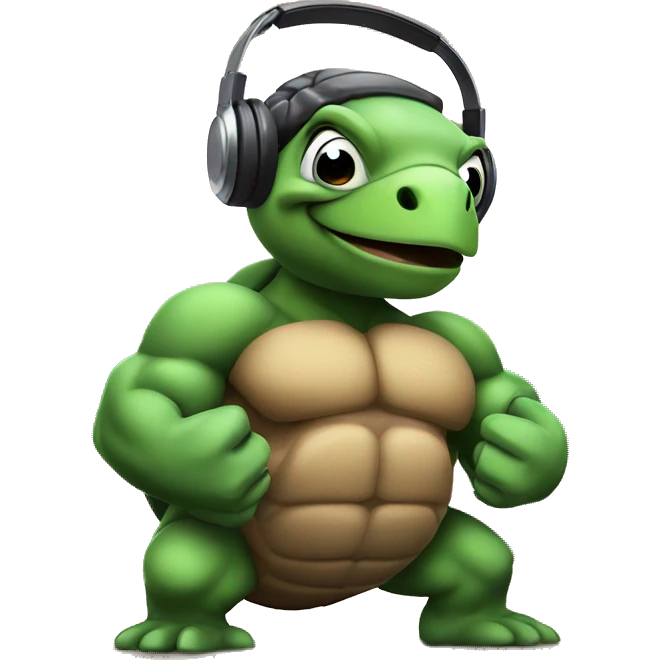 bodybuilder turtle with huge muscles flexing and listening to music emoji