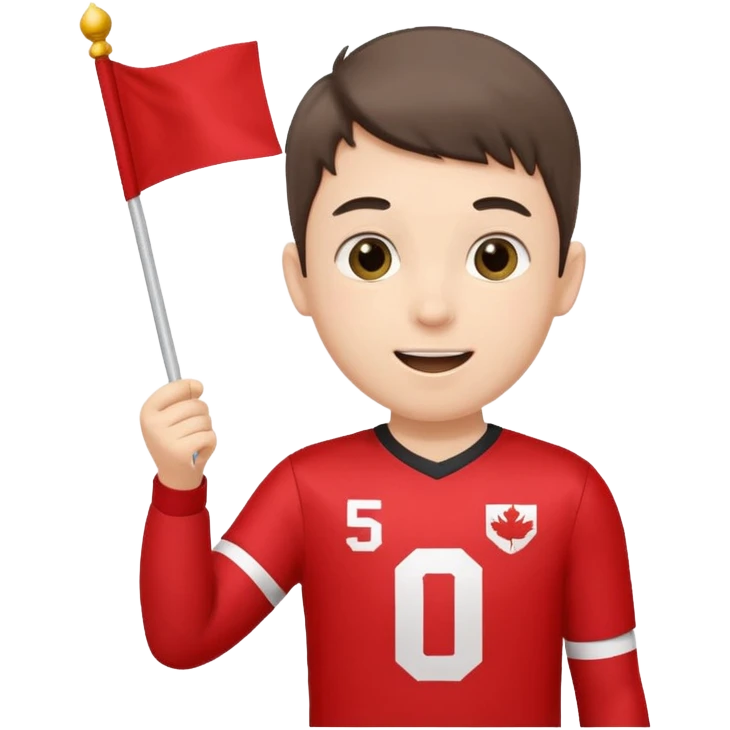 A boy in a jersey, excitedly lifting a small handheld flag. emoji