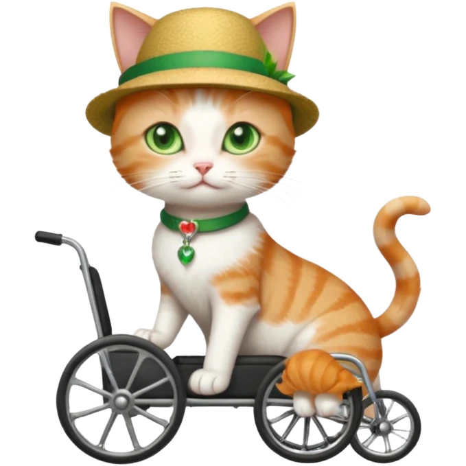full body small short hair ginger and white cat with green eyes walking in a wheelchair for cats emoji
