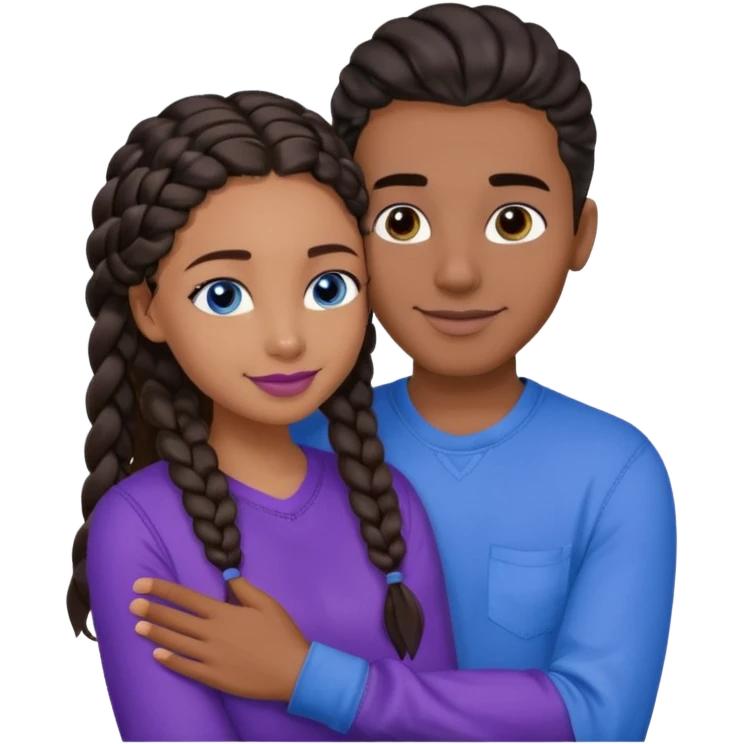 Boyfriend who is very tan olive skinned with blue eyes and wavy straight brown hair in a blue shirt and his girlfriend who is very dark skinned, juicy lipped with black braided hair and the two are hugging and smiling hugely she’s wearing purple and she has black eyes emoji
