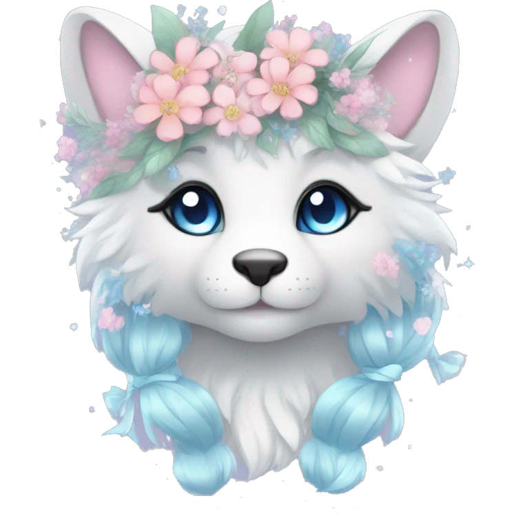 Anthro Cute Cool Pastel Kawaii gorgeous sparkly ethereal fantasy animal creature with blue eyes furry sona with flowers and ribbons beautiful aesthetic emoji