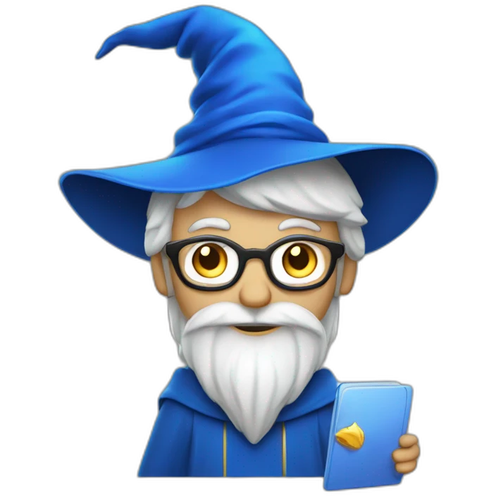 wizard Merlin with a laptop and blue hat emoji