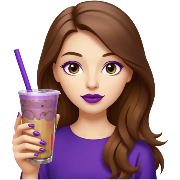 girl with long brown hair, wine lipstick, gold nail polish, drinking a blueberry butter pecan iced coffee with a purple straw  emoji