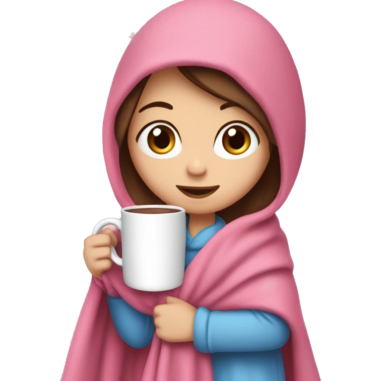 girl with brown hair and blue eyes covered in a pink blanket, drinking hot chocolate in a white mug ￼ emoji