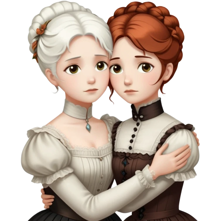 Two Victorian women with light eyes embracing in a sad, intimate hug. One woman has bright white coiffed hair and the other has dark copper coiffed hair. Both wearing Victorian high-neck dresses with their arms wrapped tightly around each other emoji