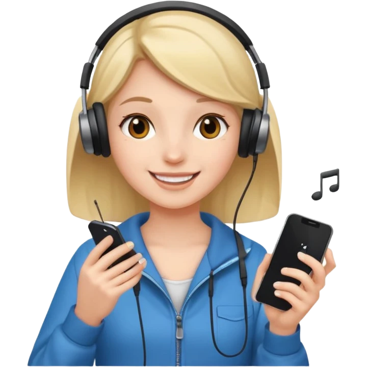 Girl listening to music with earphone and phone in hand emoji