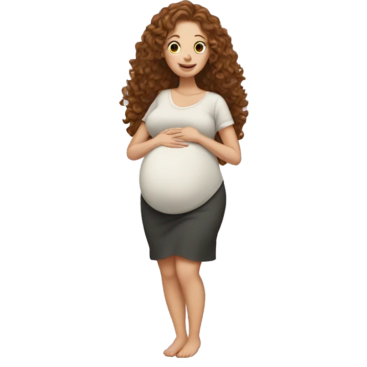 Pregnant white lady with long, brown, curly hair holding her belly emoji
