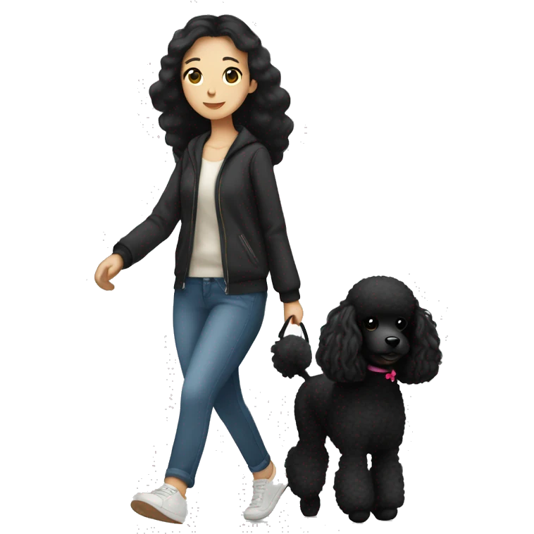 One Korean girl with black long straight hair with one medium black poodle is walking. emoji