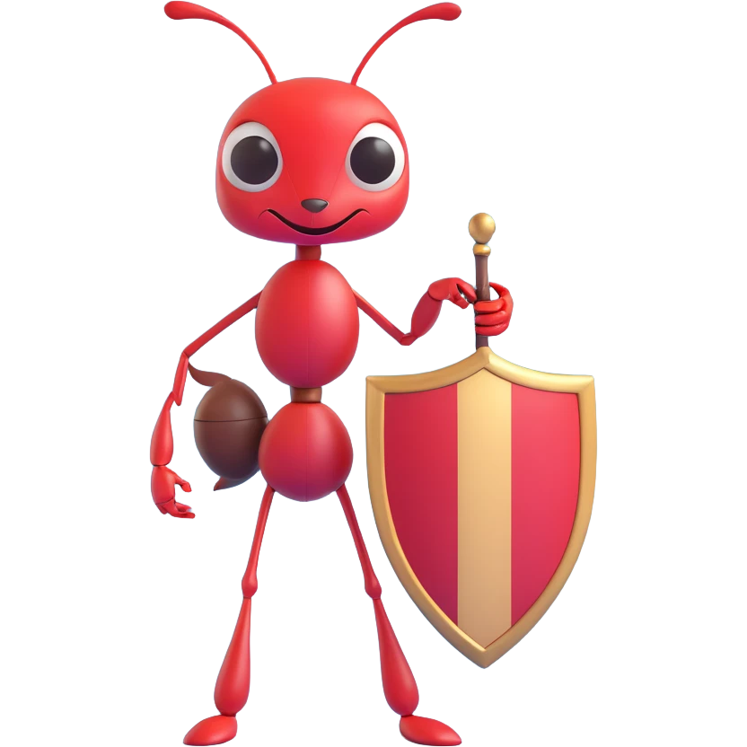 a brave ant, standing tall with a tiny shield emoji