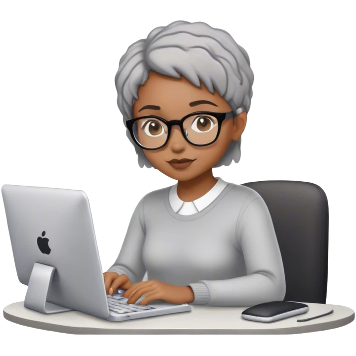Light skinned Black girl with glasses short natural gray haircut working on computer emoji