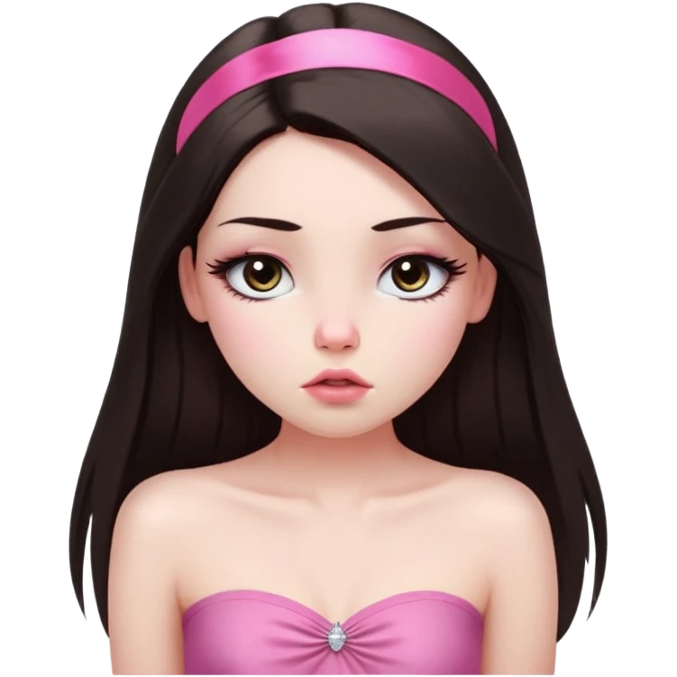 girl with white skin, dark brown long straight hair falling in front of her body, pouty shiny lips without cupid's bow, shiny large eyes with long eyelashes, lighter button nose, very long oval-shaped face, wearing a pink bandeau top with straight neckline, looking directly at camera with hands down at sides emoji