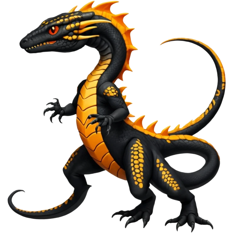 Magmatic fiery badass cool obsidian-Black and golden-orange Helioptile-Amaura-Salandit-Fakémon-hybrid-creature (full body)  emoji