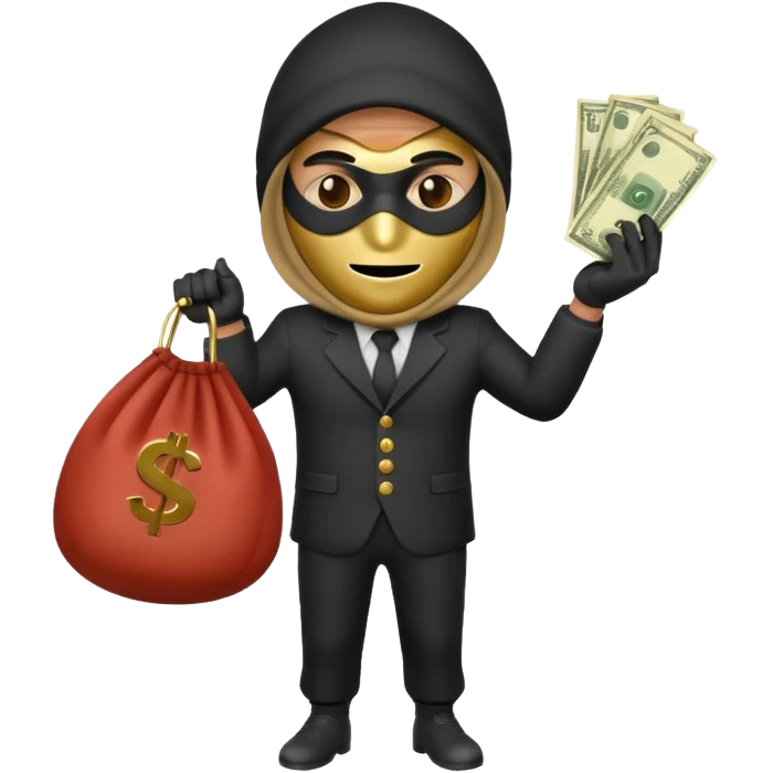 Robber emoji holding a 💰 wearing a mask that is made of robber suit without showing his hand the 💰 need to be in the left without is showing hands emoji