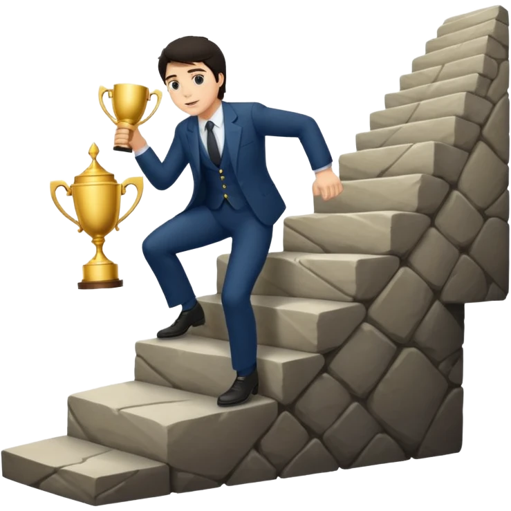 UN HOMBRE DE PIEL CLARA Y PELO OSCURO SUBIENDO ESCALERAS LARGAS PARA ALCANZAR UN TROFEO emoji