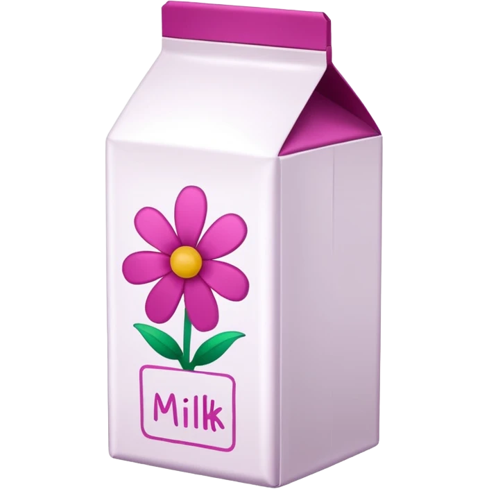a white TINE milk carton with magenta trim border and magenta text that says "MILK", with tiny magenta flower blossoms doodles on it  emoji