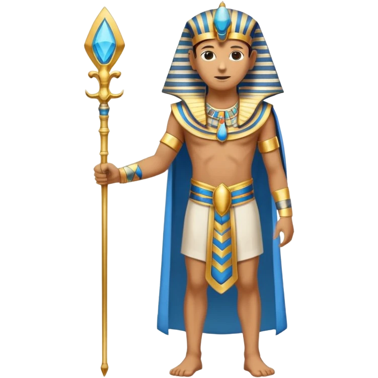 pharaoh full body standing with scepter, gold and blue nemes headdress, traditional Egyptian robe emoji
