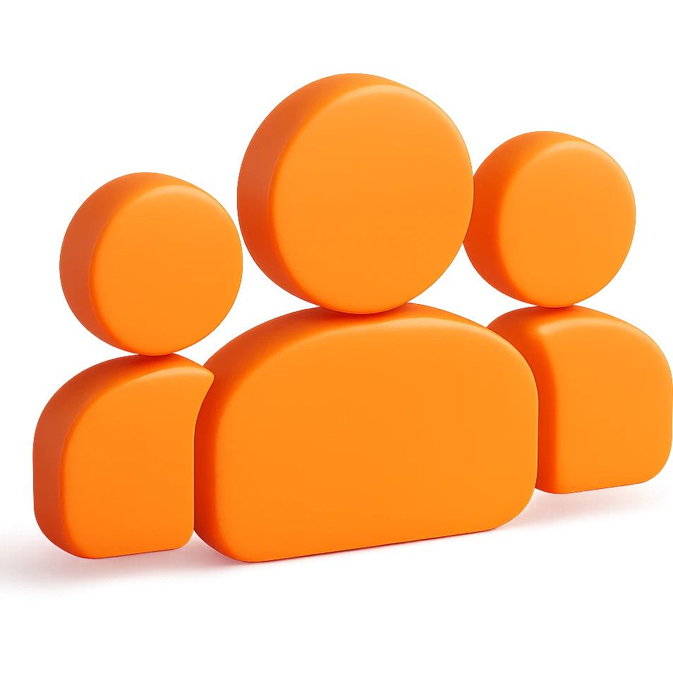 Make the silhouette of three people slightly in 3D style, keeping the solid shape without outlines and the orange color #fe6601, with a transparent background. emoji