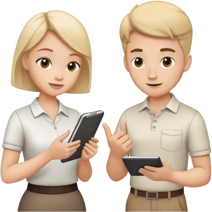 Two team members facing each other, one holding a notepad and the other gesturing, in a collaborative pose emoji